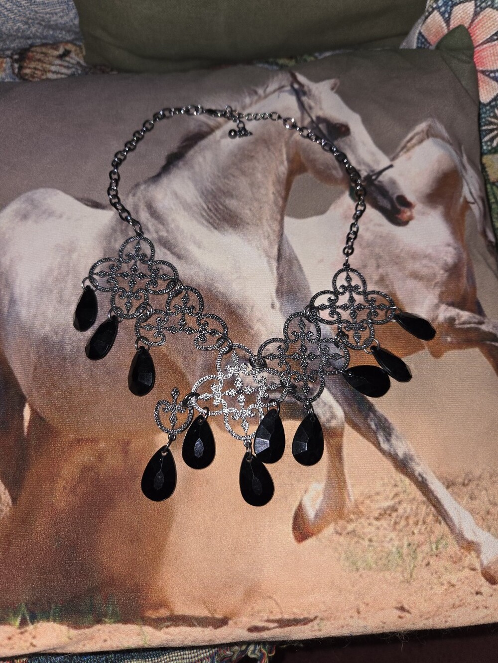 Elegant Black Teardrop Filigree Statement Necklace